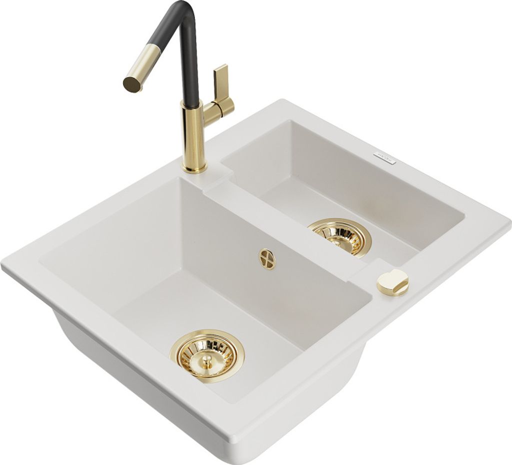 Mexen Carlos 1,5-Becken-Granitspüle mit Mischbatterie Flora, Weiß - 6518-20-670401-57-G