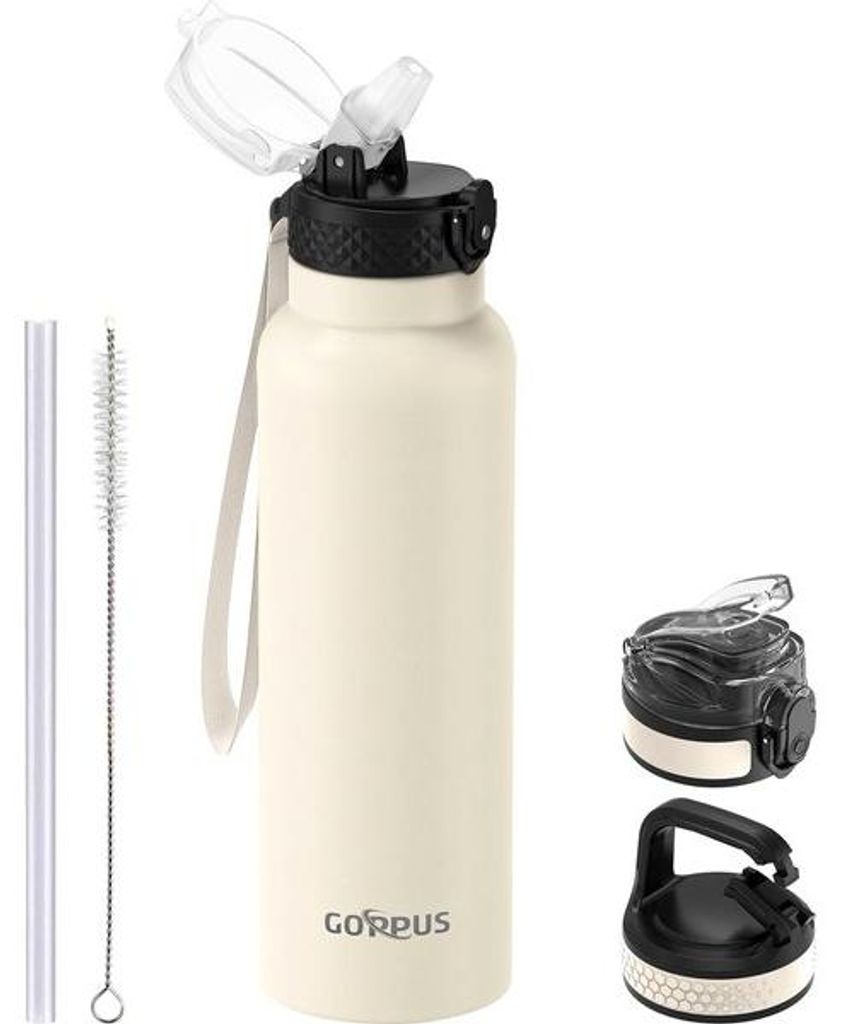 Isolierter, doppelwandiger Stahlwasserflasche mit Grasstange, 0,75 Liter Wärmebehälter, geisolierter, leckfreier Wasserflasche für kaltes Wasser...