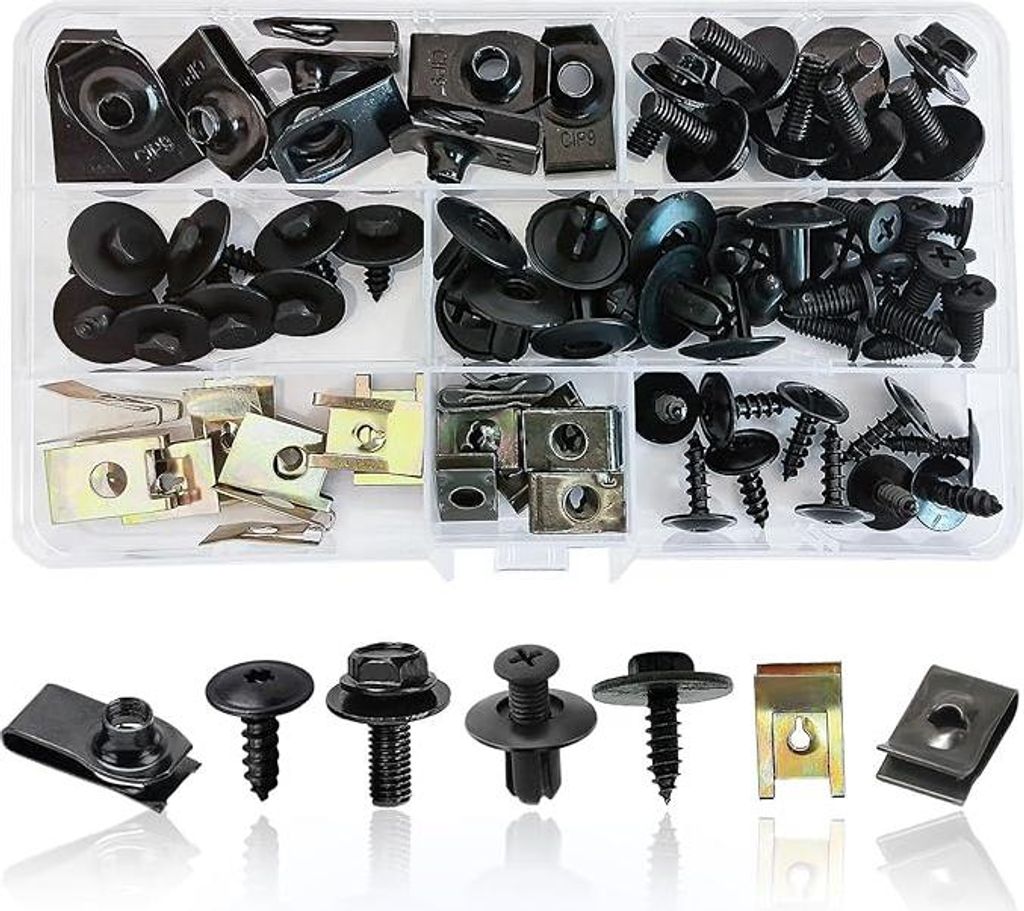 64 Sätze Blechmutter Schraube Mutter Clip Kit, Auto Body Undertray Schrauben, Metall U Typ Befestigungsclip, Kotflügelclip Blechmuttern Kunststof...