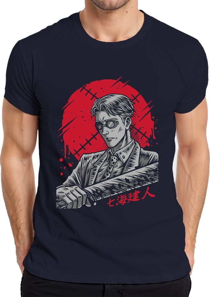 Samurai Katana Anime Yakuza Gentleman Blut Noir Steampunk Retro Herren T-Shirt, Navy, 3XL