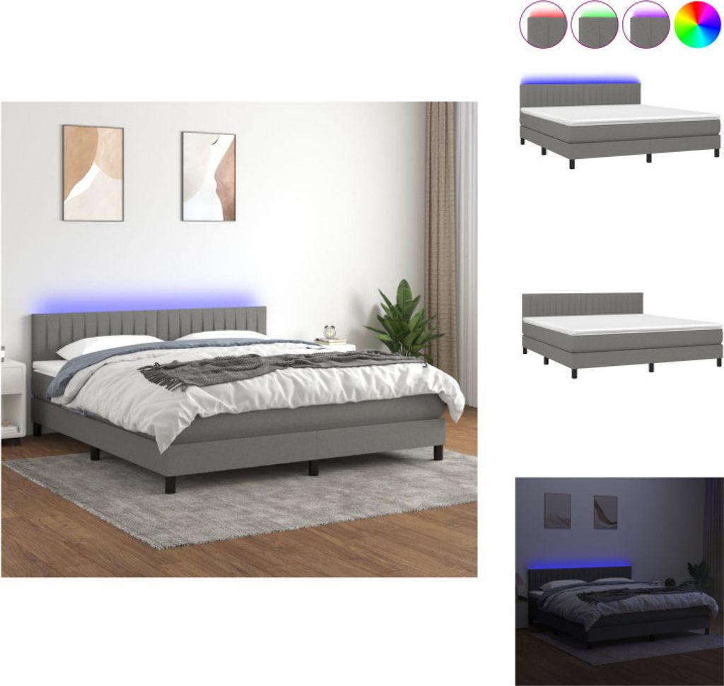 vidaXL Boxspringbett mit Matratze & LED Dunkelgrau 180x200 cm Stoff - Betten & Bettgestelle