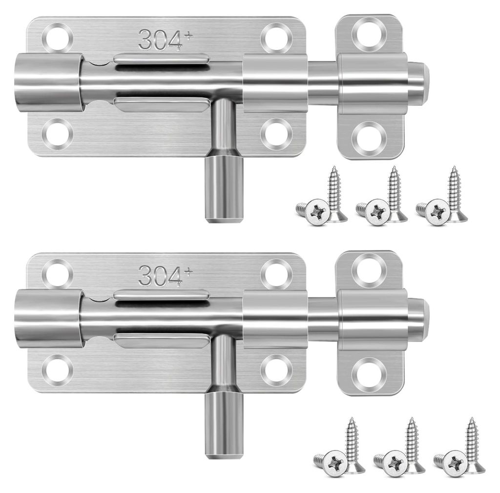 2 Türschlösser aus Edelstahl, 100 mm, versetzter Riegel, abschließbar mit Vorhängeschlossloch