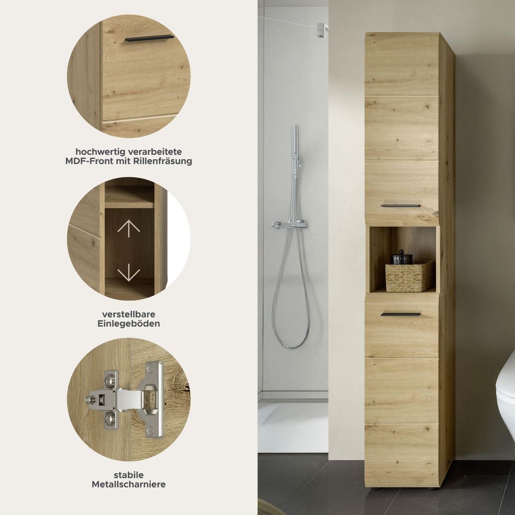 Ice Hochschrank Bad 2 Türen, 1 Regal Eiche Nachbildung. Produktbild 