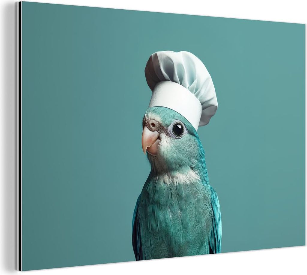 MuchoWow Wanddekoration Metall Metallbild Wandkunst 30x20 cm Wellensittich - Vogel - Kochmütze - Süß MuchoWow Aluminium Gemälde - Aluminiumgem...