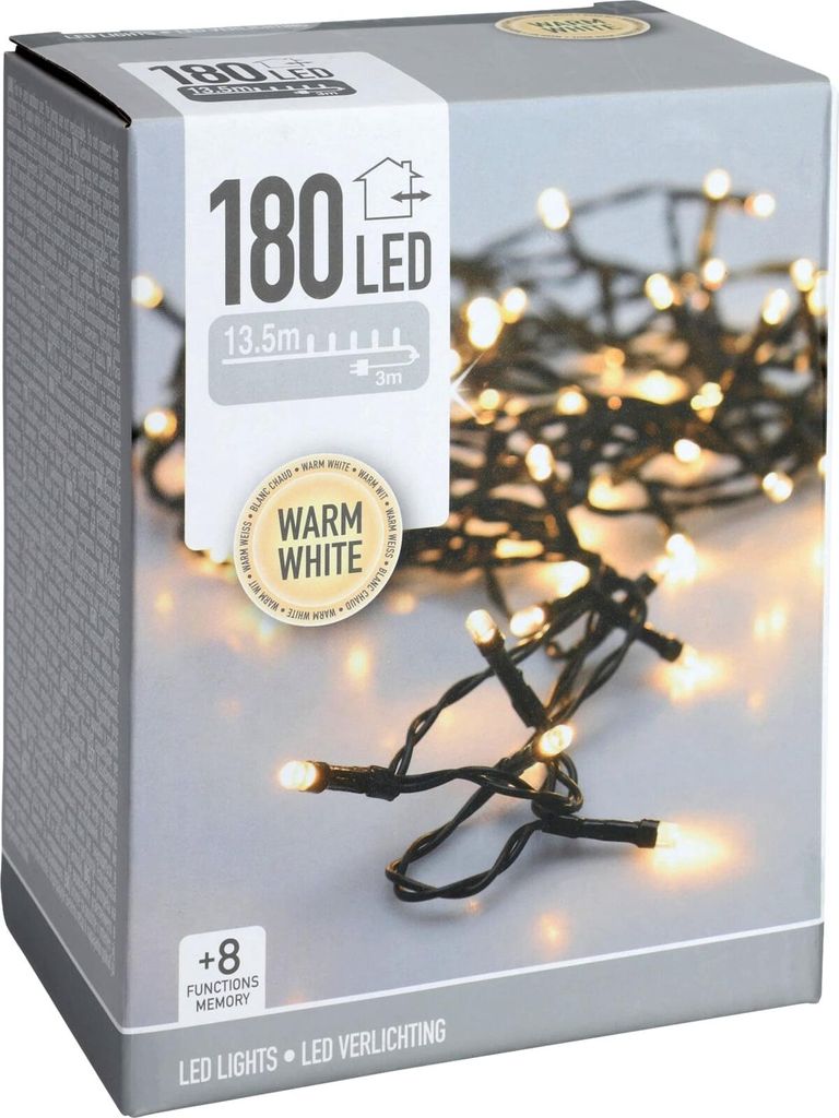 The image shows the packaging of a string of LED lights, with the product itself partially visible.