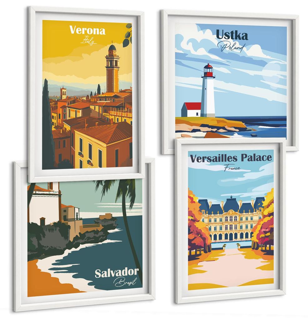 Bilder Set 4-teilig im Goldrahmen Rahmen – Wandbilder 4 Stück – gerahmte Poster für Wohnzimmer, Schlafzimmer und Flur – 50x50 cm - 40x60 cm...