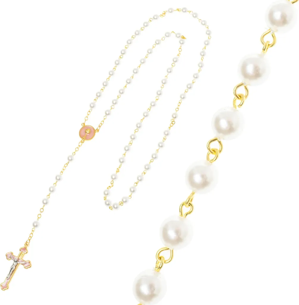 Cadeau de communion : chapelet pour fille or et perles avec son écrin