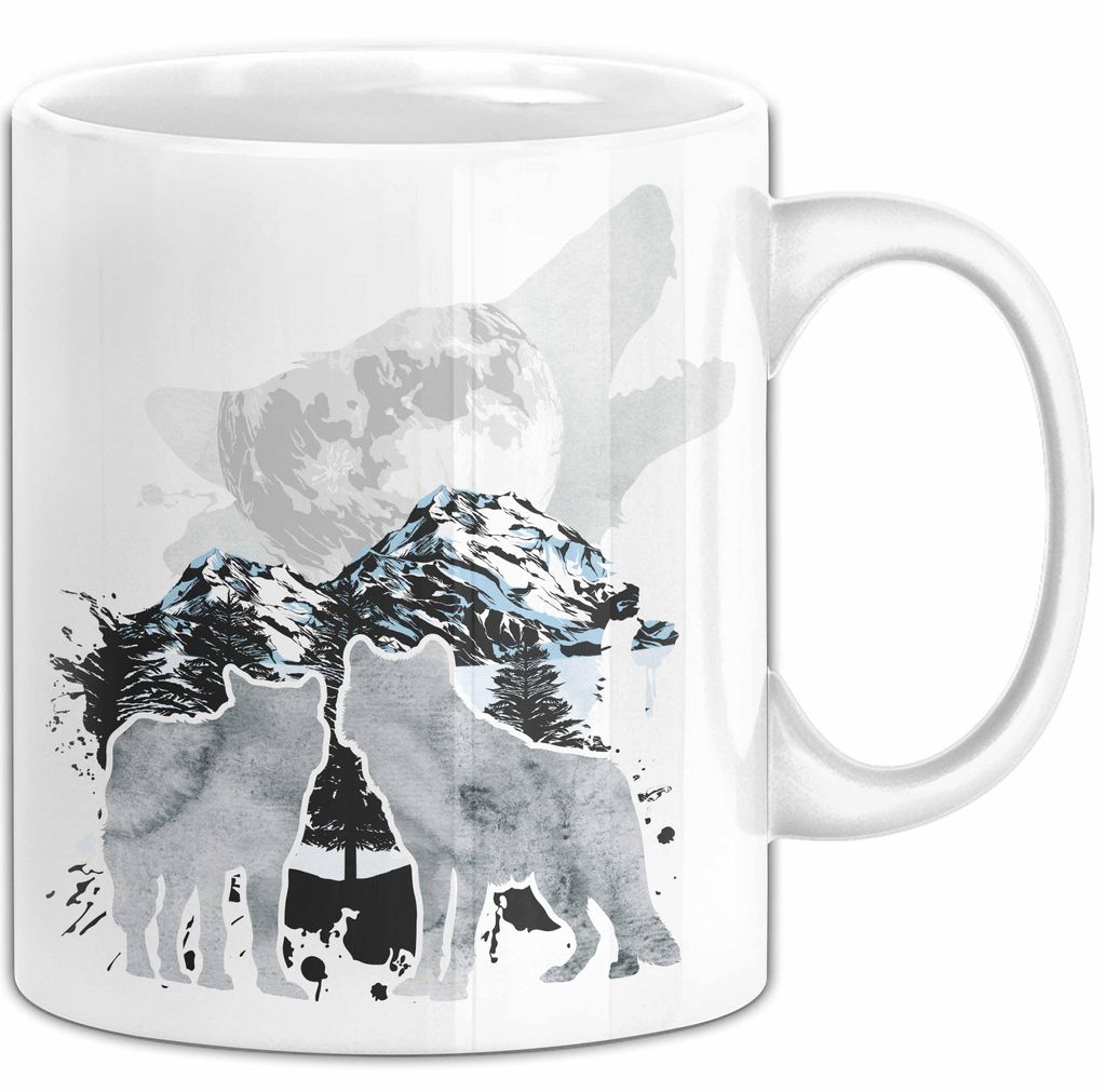 Wolf Tasse Geschenk Heulender Wolf Vögel Mond Silhouetten Geschenkidee (Weiß)