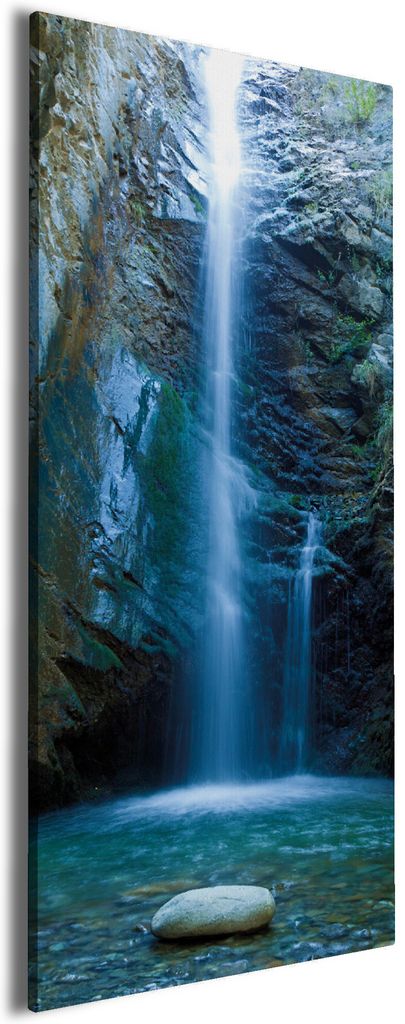 Wallario Premium Leinwandbild Wasserfall bei Sonneneinfall in Größe 50 x 125 cm