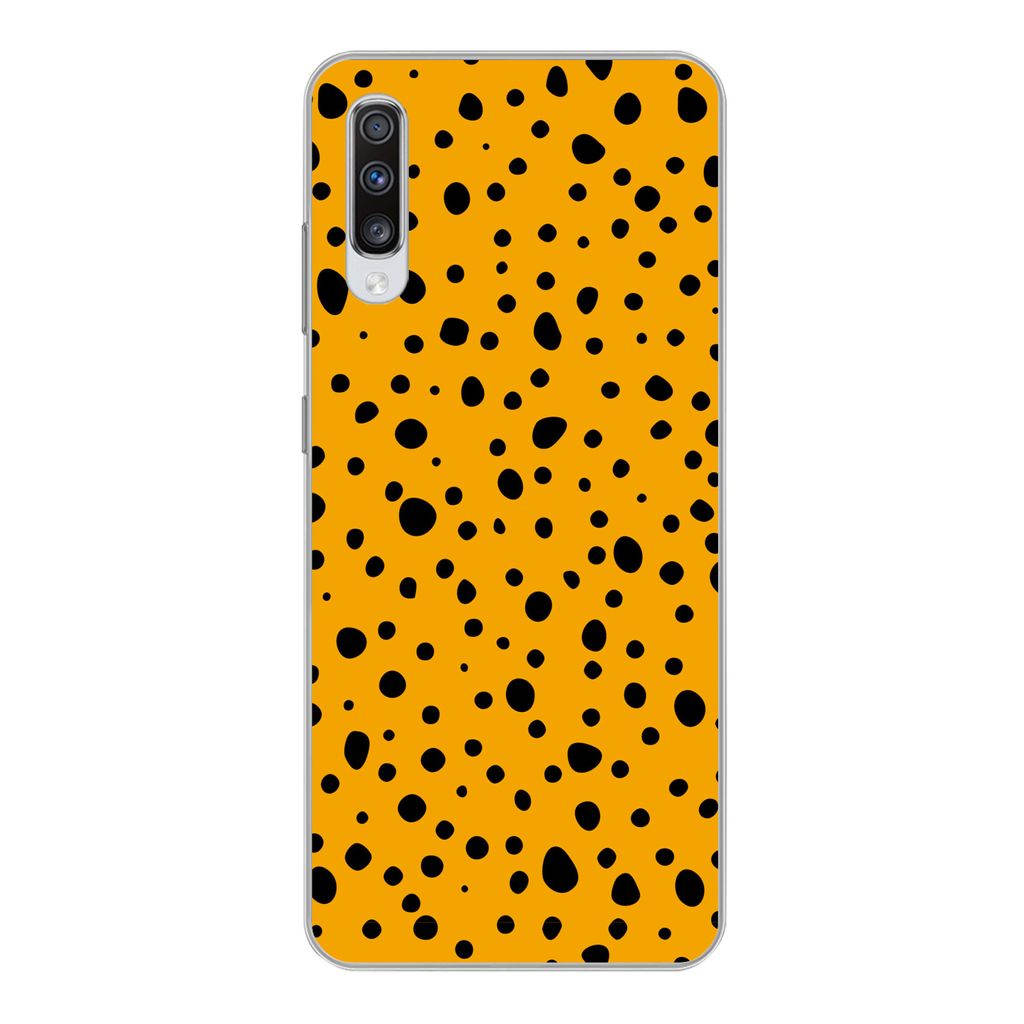 MuchoWow Handyhülle Schutzhülle Hülle für Samsung Galaxy A70 Polka dots - Orange - Schwarz Silikon Softcase Handy Hülle - Schutzhaube