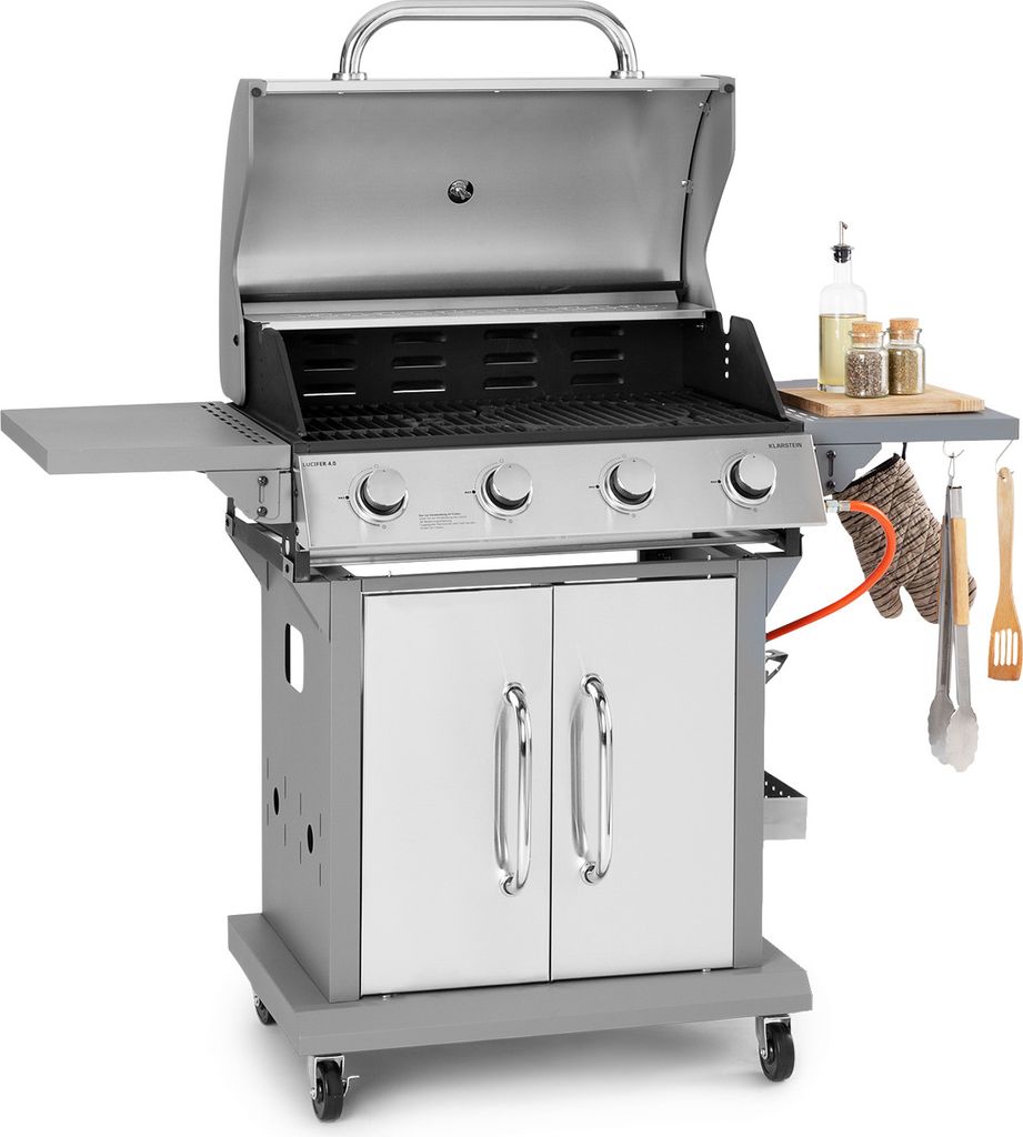 Klarstein Gasgrill für Camping Balkon Garten, Grill mit 4 Brenner, 14400W Edelstahl-Gasgrill, Outdoor Gasgrill mit Seitenbrenner, Gas Grill für P...