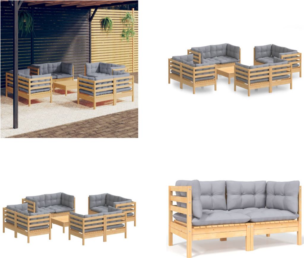 vidaXL 9 tlg. Garten Lounge Set mit Grauen Kissen Kiefernholz - Garten-Lounge-Set - Garten-Lounge-Sets - Lounge-Set - Lounge-Sets