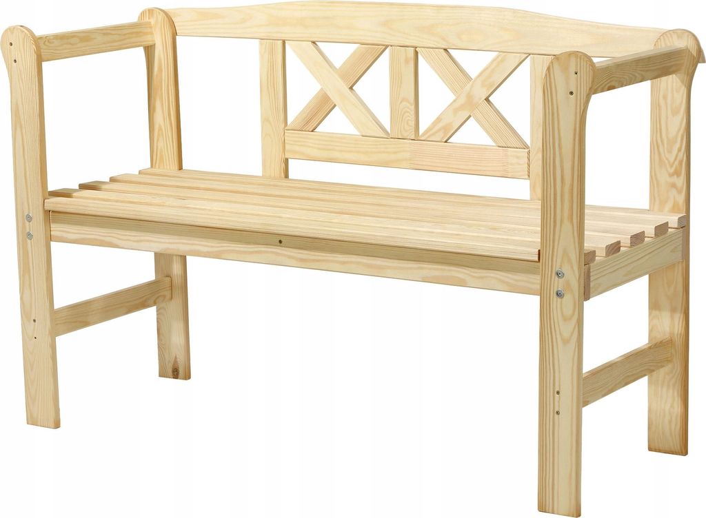 A wooden park bench with a slatted seat and backrest, shown against a white background.