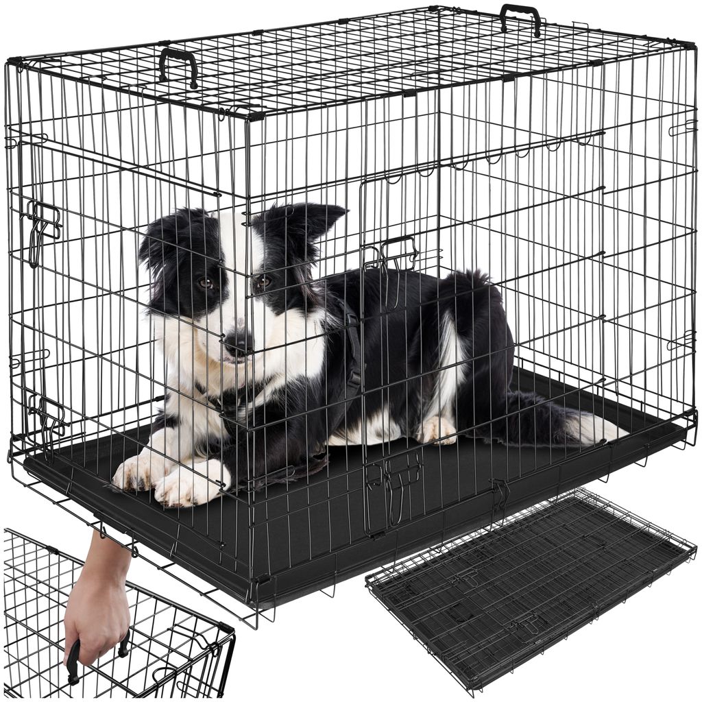 A black wire dog crate with a black and white border collie dog inside. A hand is shown reaching into the crate from the bottom left.