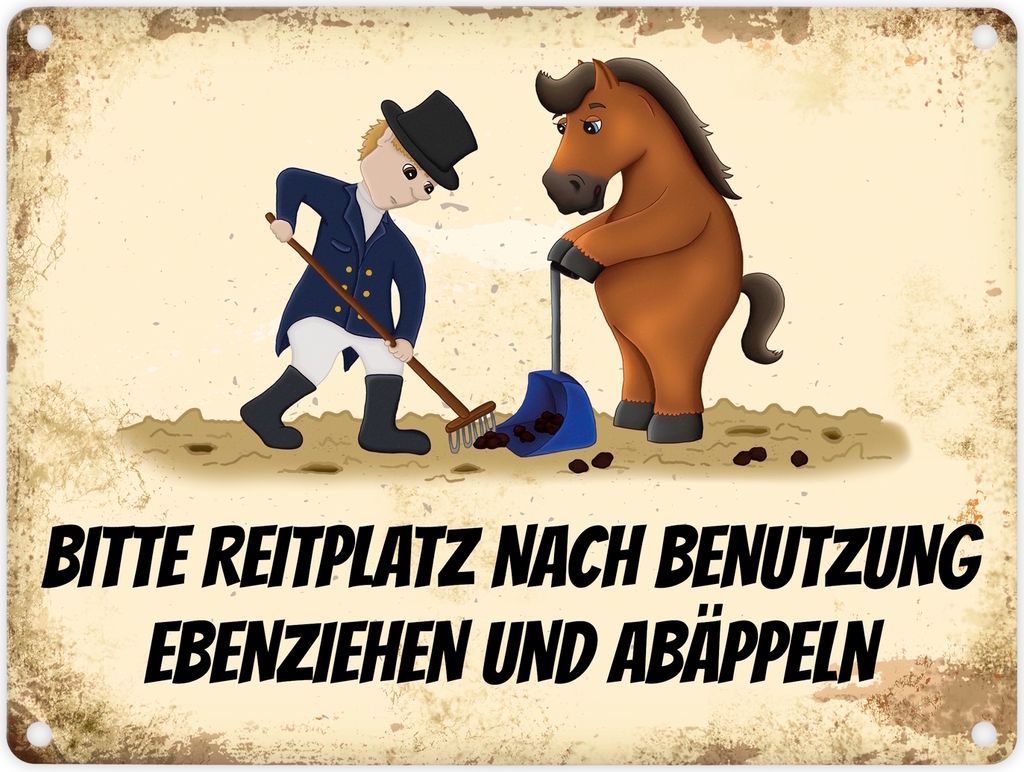Reiter Metallschild mit braunem Pferd Motiv und Spruch: Bitte Reitplatz säubern