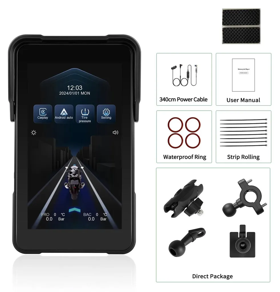 GPS Moto Portable Écran 12,7 cm avec CarPlay sans Fil et Amovible