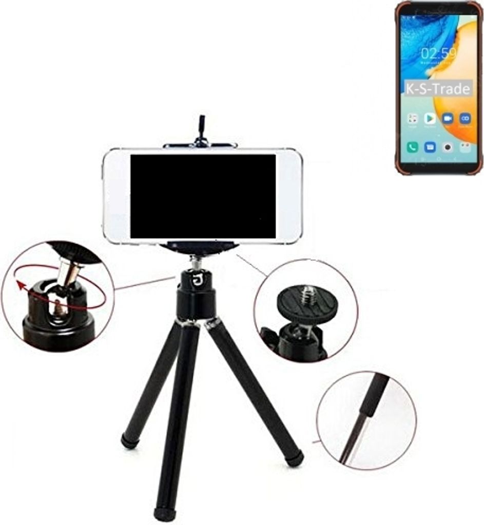K-S-Trade Smartphone Stativ Dreibein kompatibel mit Blackview BV4900 Pro Tripod aus Aluminium Klemmstativ Stativ Adapter für Mobiltelefone schwarz