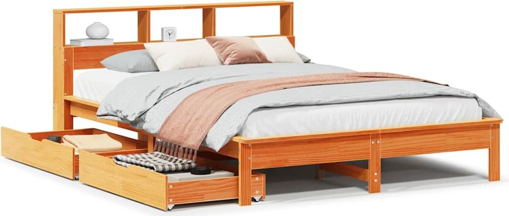vidaXL Massivholzbett mit Regal ohne Matratze Wachsbraun 135x190 cm