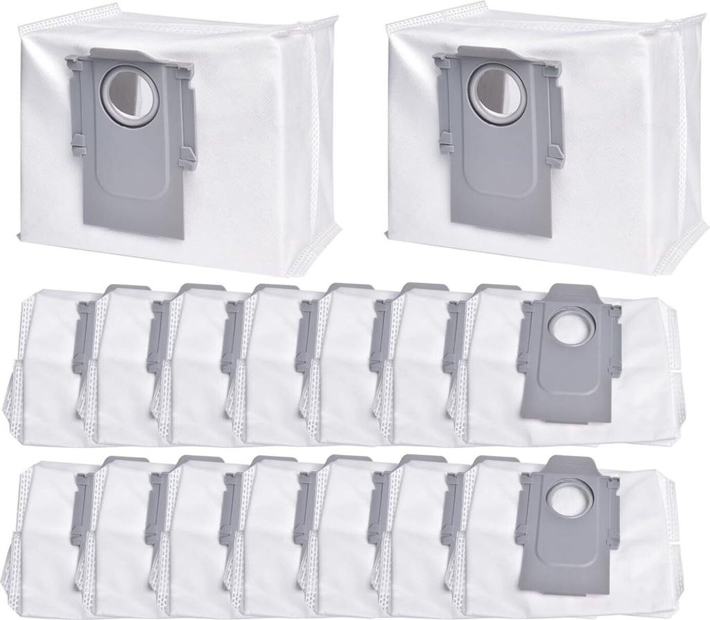 A collection of vacuum cleaner dust bags arranged in rows.