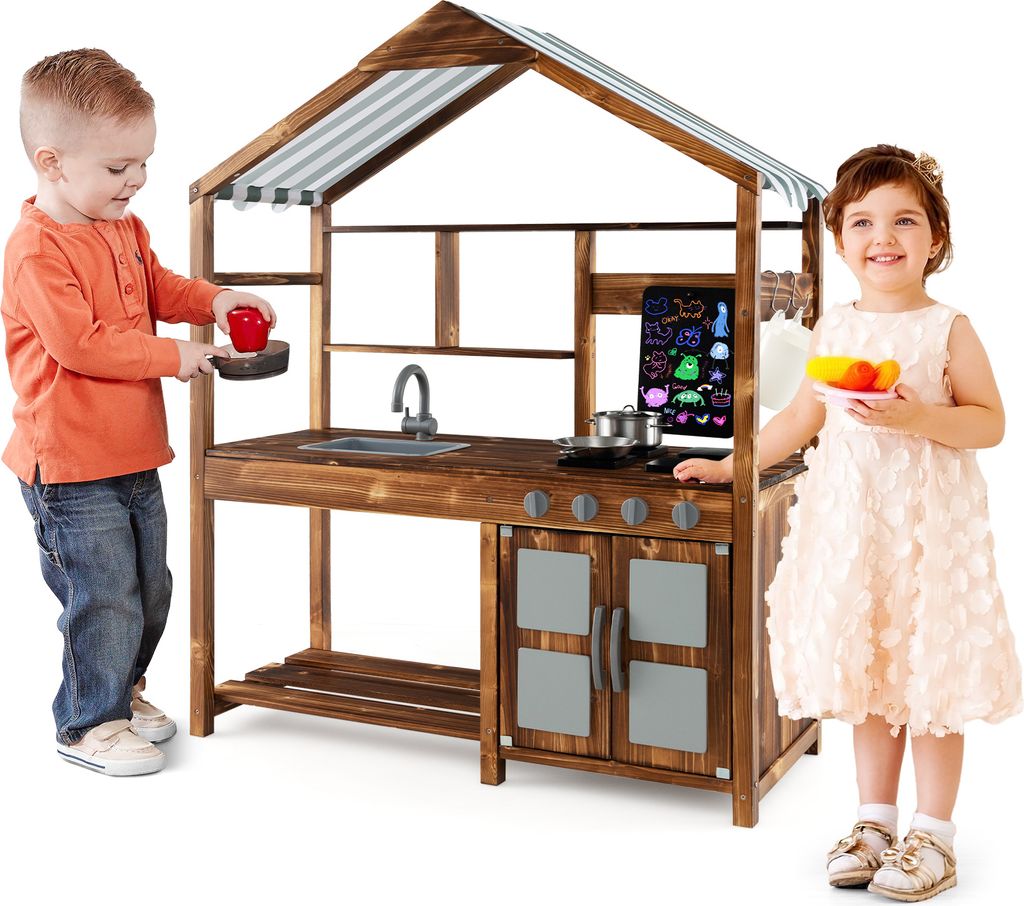 GOPLUS Matschküche Kinder Outdoor, Spielküche mit Vordach, Tafel, 4 Herdplatten, abnehmbarem Waschbecken & Küchenzubehör, Kinderküche Rollensp...