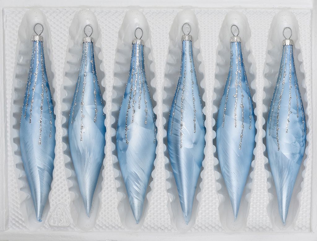 6 tlg. Glas-Zapfen Set in Ice Blau Silber Regen