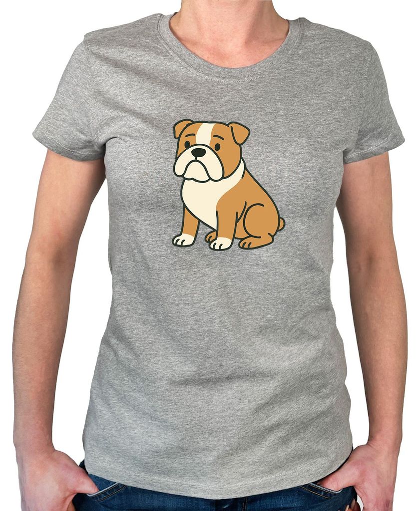 Huuraa Damen T-Shirt English Bulldog Comic Bully XS Sport Grey Bio Baumwolle Fairtrade Damenshirt Geschenkidee