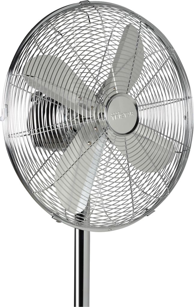 A silver stand fan on a white background.