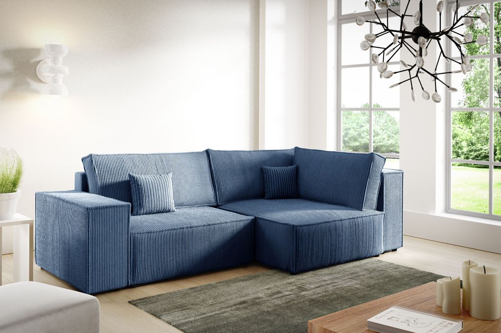 Ecksofa 3 Sitzer MINI POSSO LB von ANTONIO in L-Form mit Schlaffunktion und Bettkästen in Blau / Grau Cordbezug, Schenkel Ottomane rechts oder links
