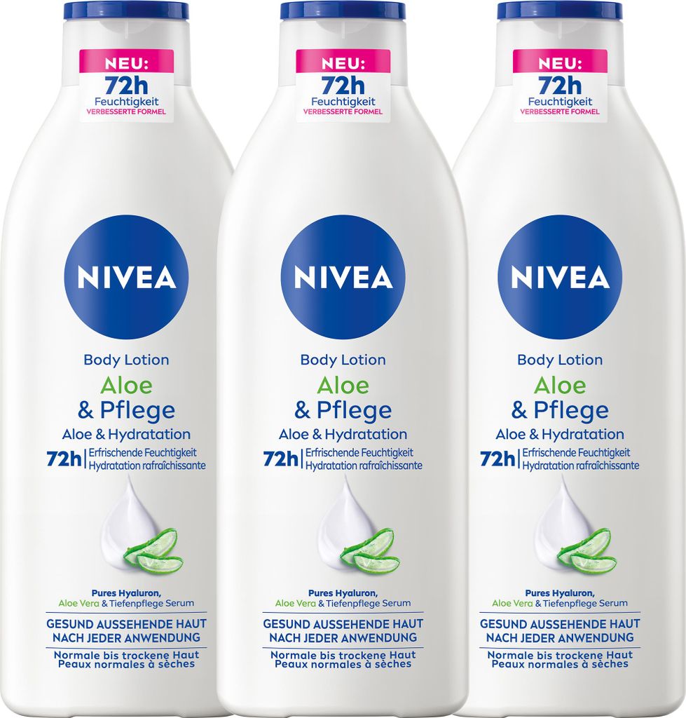 NIVEA Body Aloe & Pflege Lotion 3 x 400ml Hyaluron, Aloe Vera & Tiefenpflege