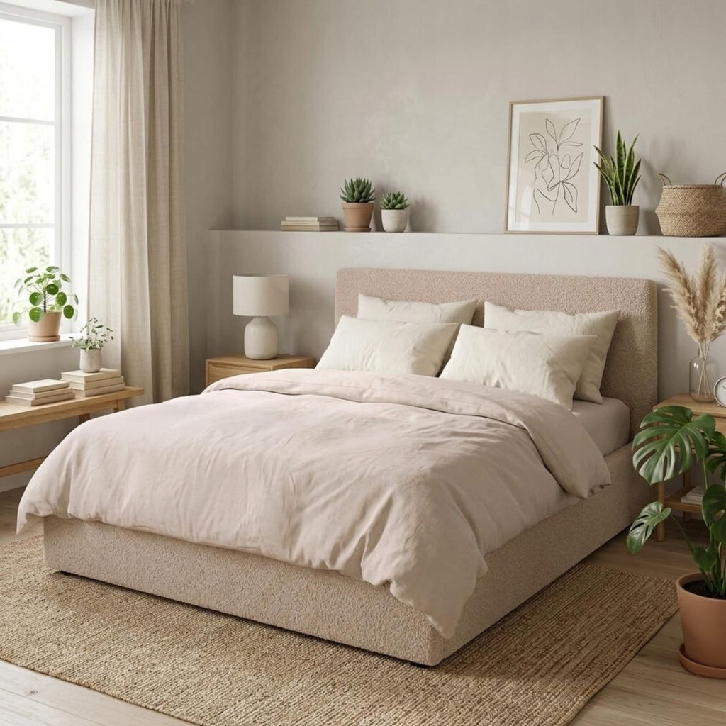 Komvortowy | Polsterbett 160x200 Cm | BOUCLÉ | Doppelbett Mit Metall-Lattenrost & Gasdruckfeder | BEIGE | Bettkasten Ohne Bodenplatte | Stauraumbe...