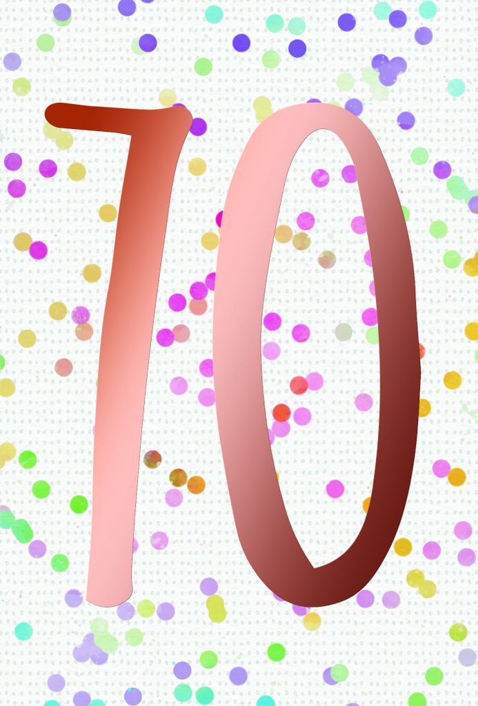 70. Geburtstag Karte mit Briefumschlag bunte Punkte, roségoldene Metallicfolie