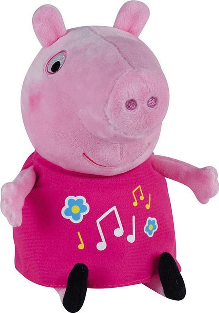 A plush toy of Peppa Pig sitting down, wearing a pink dress with musical notes and flowers on it.