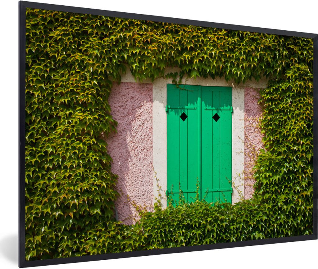 MuchoWow Gerahmtes Poster Flügeltüren an der Seite des Bauernhauses im Garten von Monet in Frankreich 90x60 cm - Poster mit Schwarzem Bilderrah...