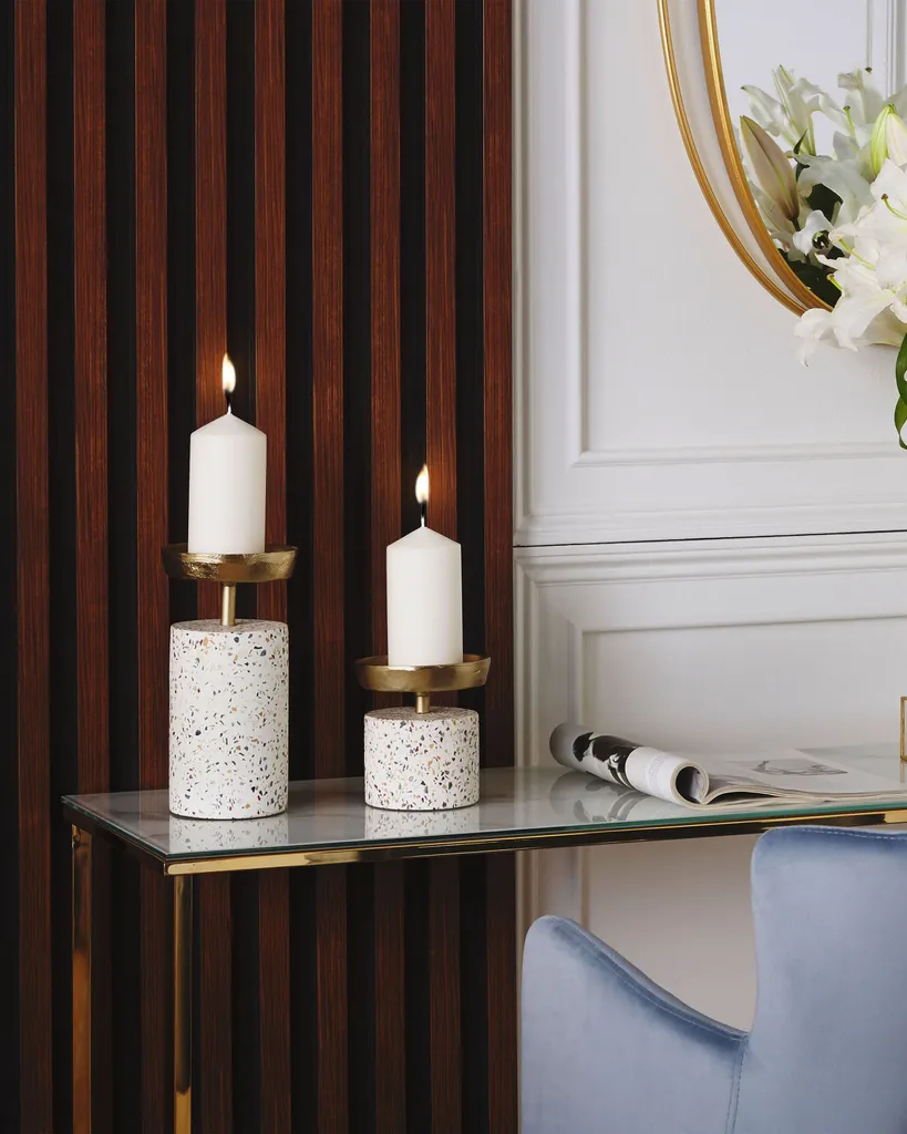 Set de 2 Bougeoirs de Table pour Dîner Romantique Or et Terrazzo