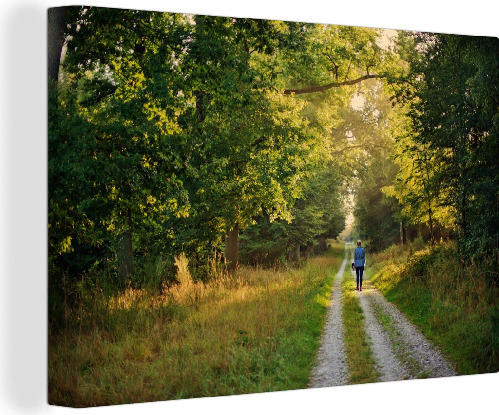 OneMillionCanvasses - Leinwandbilder - 140x90 cm, Frau und ihr Hund machen einen Spaziergang im Wald, Wandbilder Kunstdruck Wanddekoration