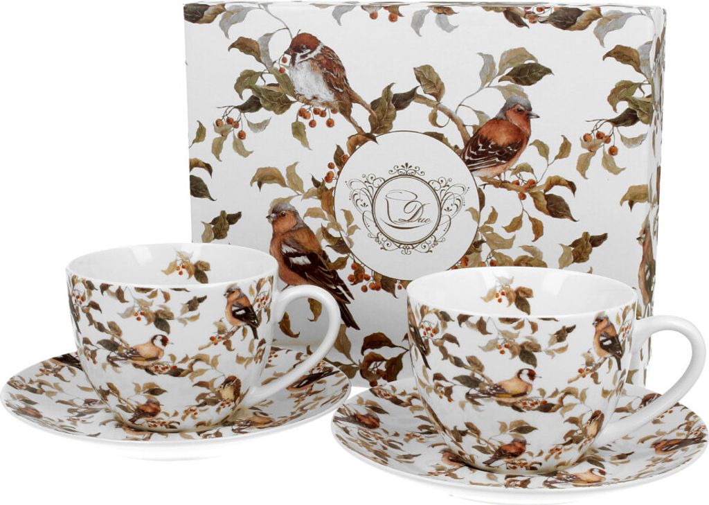 DUO ANIMALS 2er-Set Tassen 280 ml BIRDIES mit Untertassen, New Bone China Porzellan