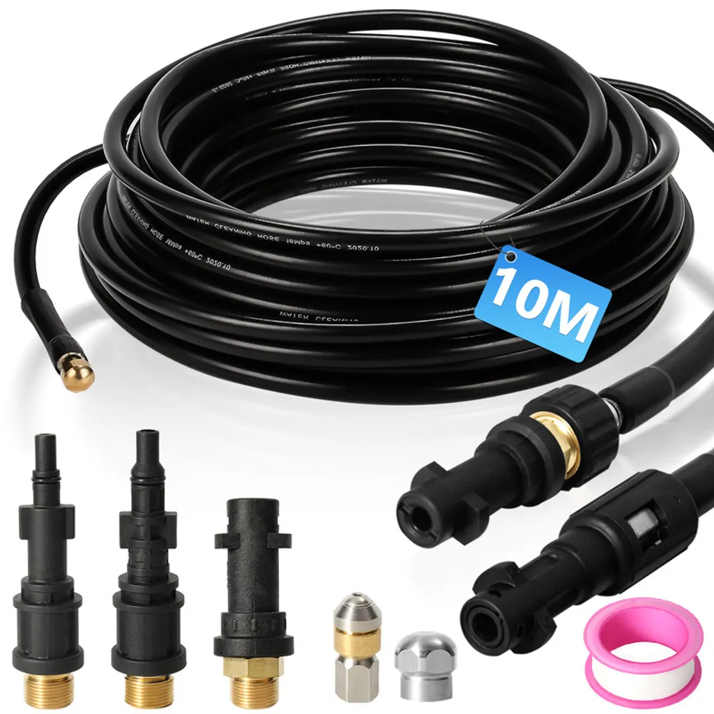 Tubo flessibile ad alta pressione TolleTour per la pulizia dei tubi, 10 m, 160 bar, compatibile con Kärcher, K2, K3, K4, K5, K6, incl. adattatore, ugelli fissi + rotanti