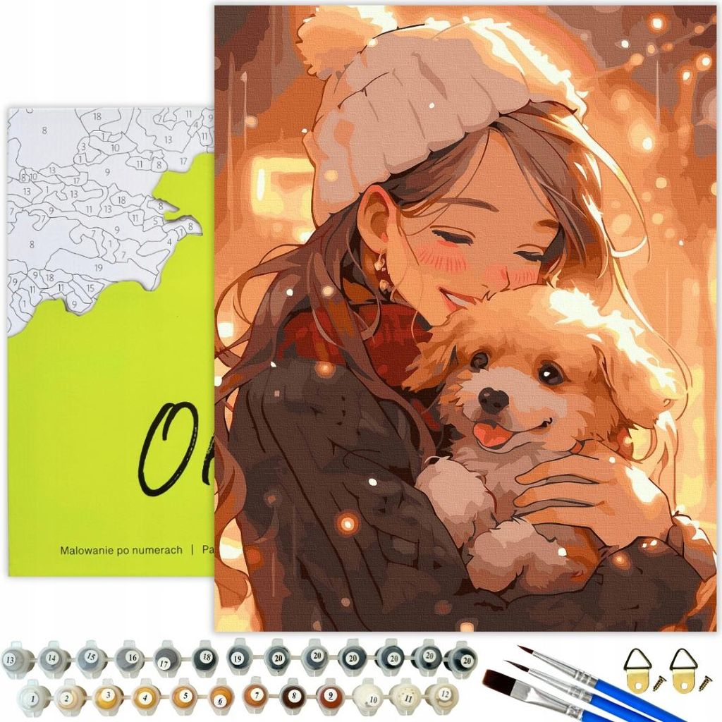 Oh Art! Malen nach Zahlen Kinder mit Hund – Mädchen im Winter 40x50 cm Mit Rahmen, 27 Acrylfarben & Pinsel Set für Erwachsene und Jugendliche