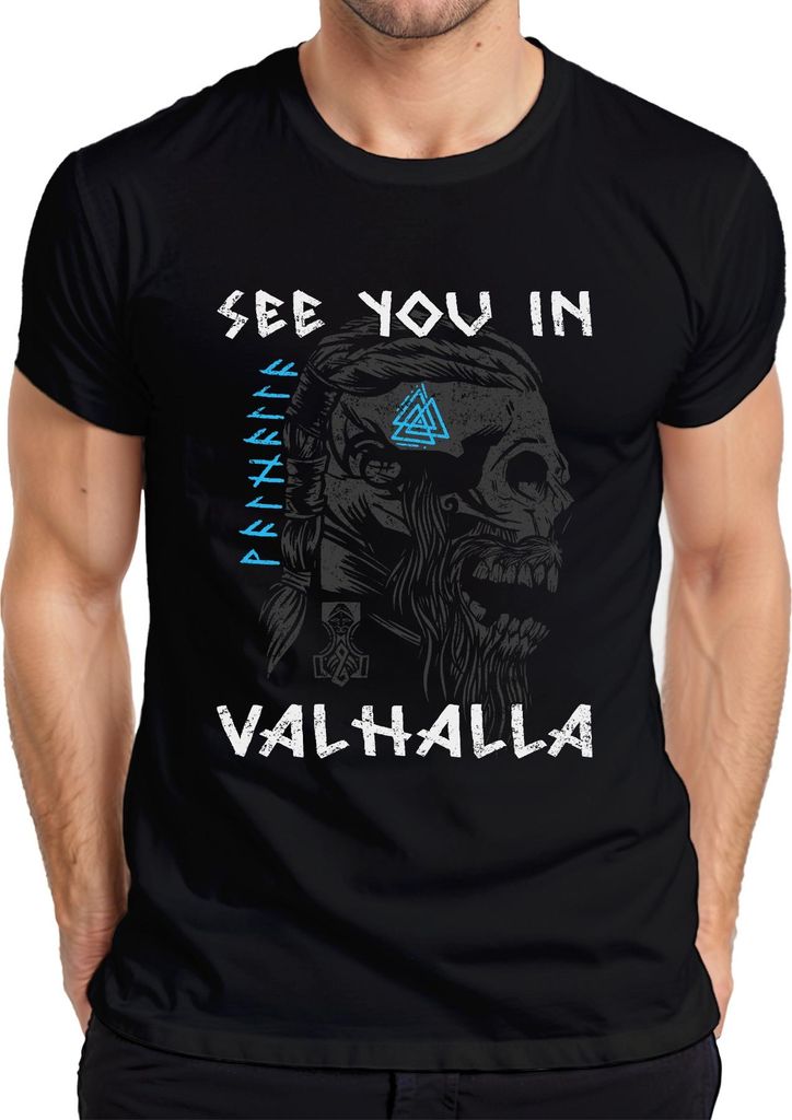 See you in Valhalla Wikinger Totenkopf Mjölnir Runen Mythologie Herren T-Shirt, Schwarz, 3XL