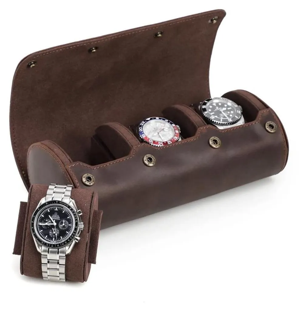 Rouleau montres en cuir véritable 3 emplacements avec coussins amovibles