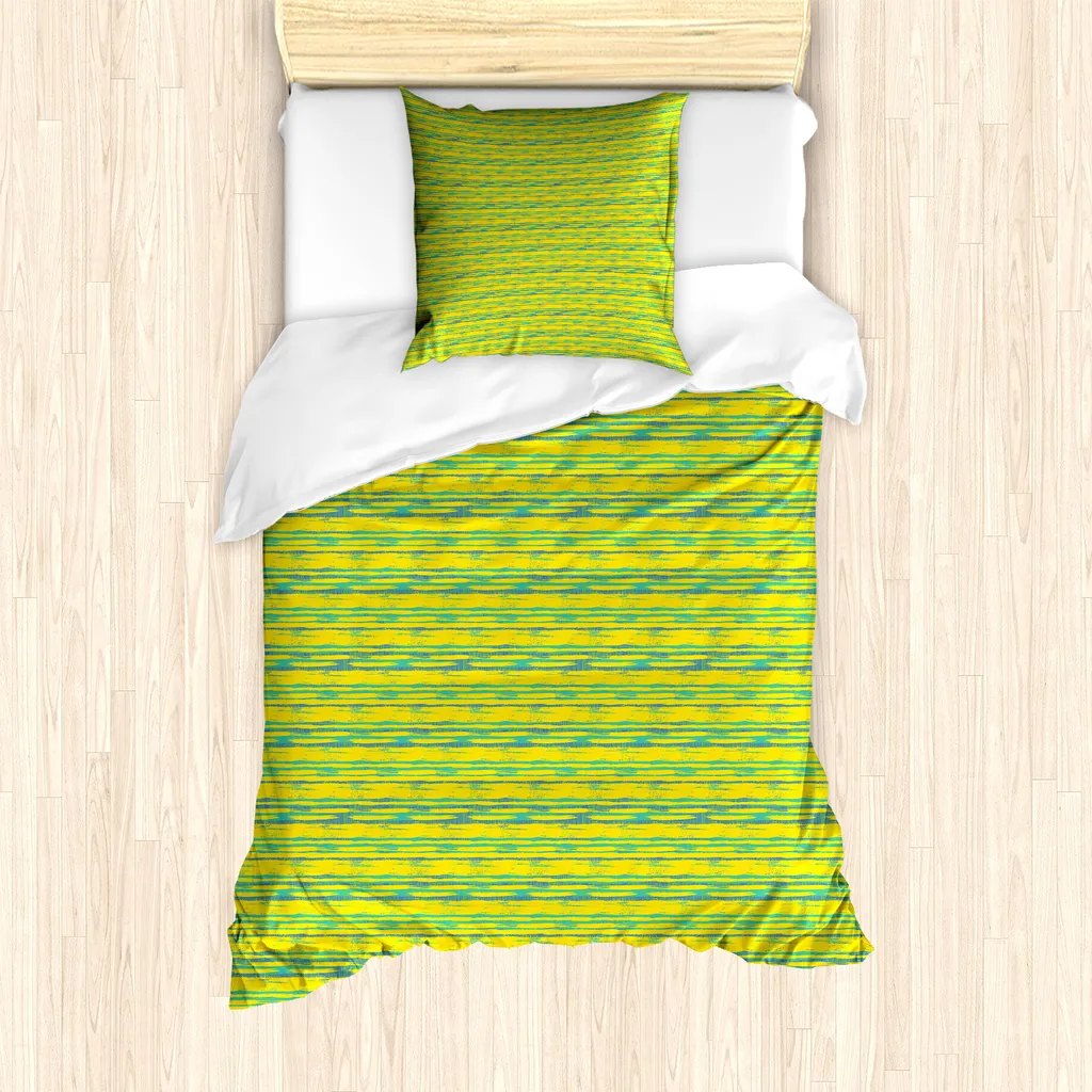 ABAKUHAUS Set copripiumino a strisce Weinlese per letti singoli, arte astratta grunge, antiacaro, adatto a chi soffre di allergie, con federa, 135 cm x 200 cm - 80 x 80 cm, senape azzurro