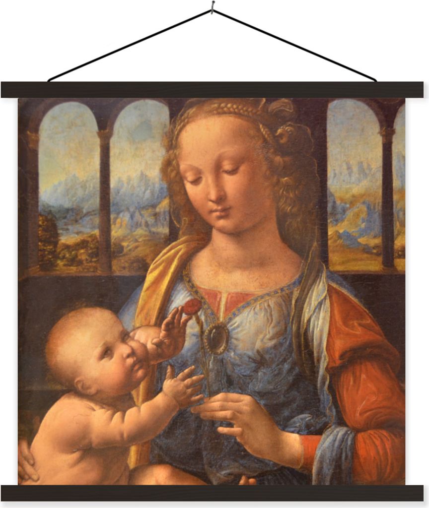 MuchoWow Textilposter Madonna mit der Nelke - Leonardo da Vinci 90x90 cm mit schwarzem Rahmen - Magnetisches