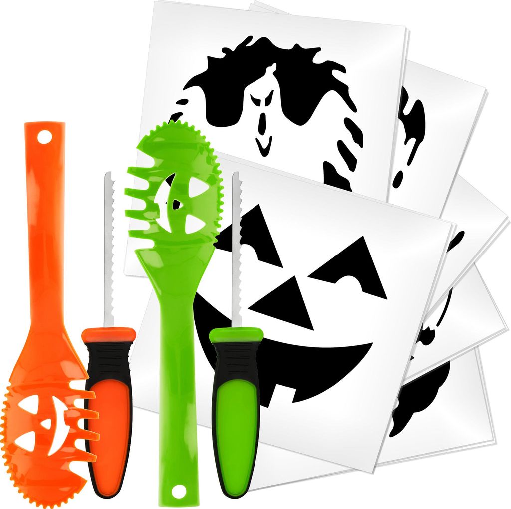 com-four 2x hochwertiges Set zum Aushöhlen von Kürbissen mit Kürbislöffel und gruseligen Schnitz-Vorlagen für Halloween