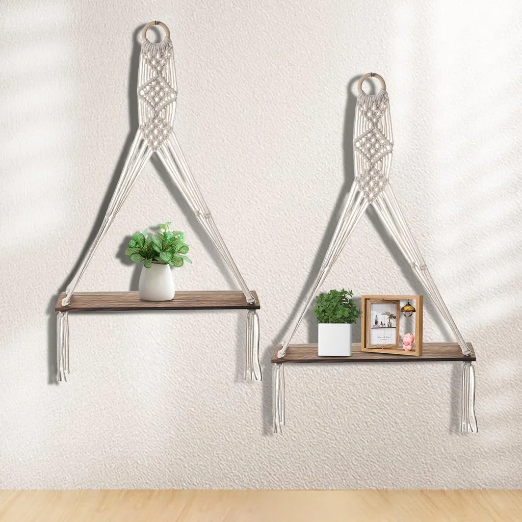 Rangement mural sans encombrement - Set 2 étagères bois macramé fait main