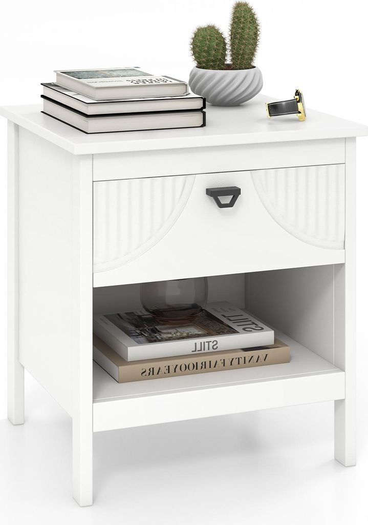 COSTWAY Nachttisch, 2 Ebenen Beistelltisch mit Schublade, Regal, Nachtschrank aus Holz, Nachtkommode Sofatisch Boxspringbett, Weiß, 45 x 40 x 50 cm