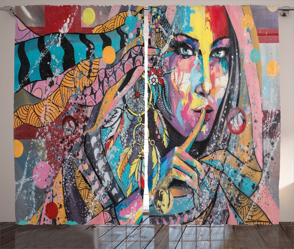 ABAKUHAUS Abstrakte Kunst Rustikaler Gardine, Fantasie-Portrait, Schlafzimmer Kräuselband Vorhang mit Schlaufen und Haken, 280 x 245 cm, Mehrfarbig