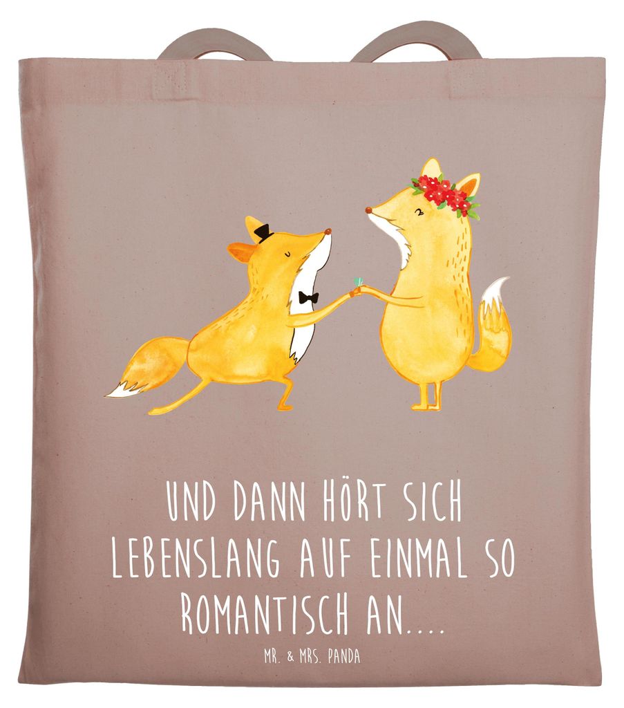 Mr. & Mrs. Panda Tote Bag Füchse Hochzeit - Braun Pastell - Geschenk, Hochzeitskarte, Jutetasche, Tasche, Schultasche, Laptoptasche, Uni