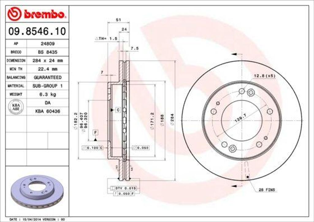 BREMBO 09.8546.10 Bremsscheibe OE 0K011325XC kompatibel mit Sportage, Retona
