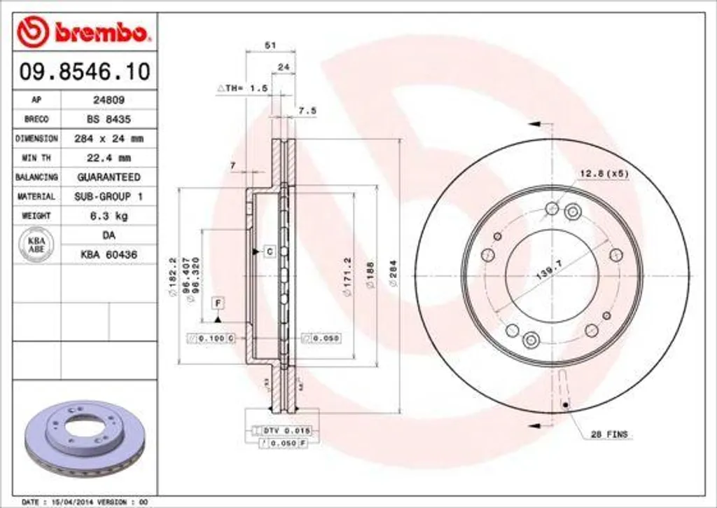 Disque de frein pour Sportage K00 Brembo 09.8546.10 montage origine