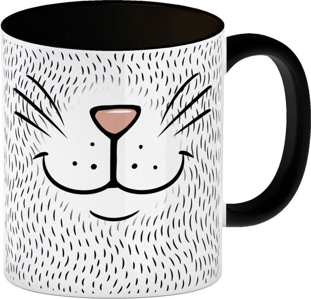 Katzengesicht Kaffeebecher mit süßem Lächeln einer Katze in weiß Kaffeebecher